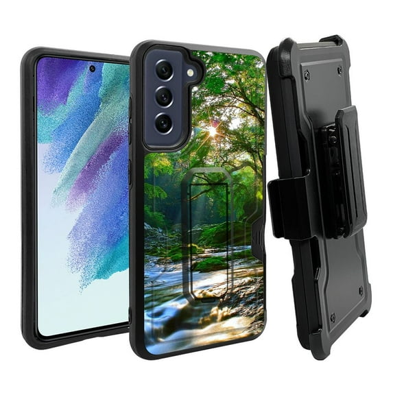 ANJ+ Rugged Dual Layer Shockproof Holster Case w/Card Slot, Kickstand + Tempered Glass for Samsung Galaxy S21 FE 5G - Forest Stream