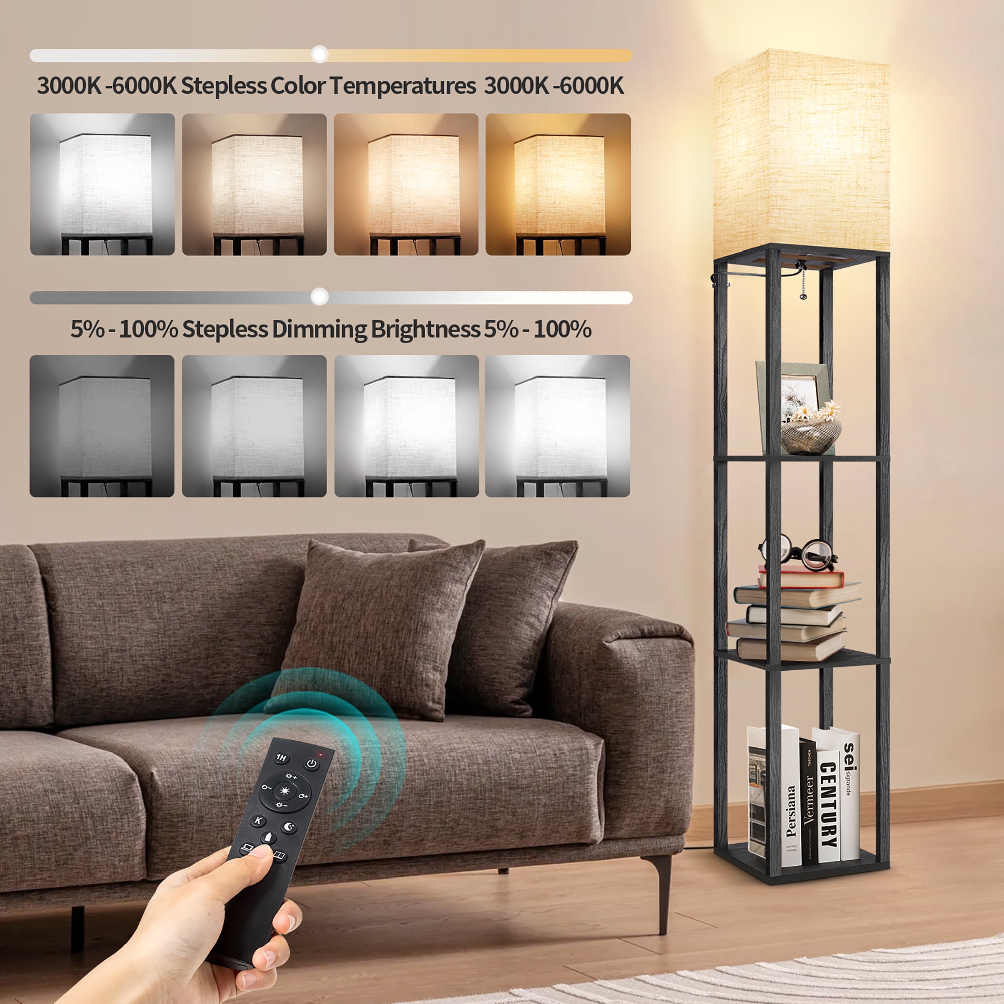 OUTON 63" Floor Lamp with Shelves, Modern Dimmable Standing Lamps with Remote Control for Living Room, Bedroom, Black
