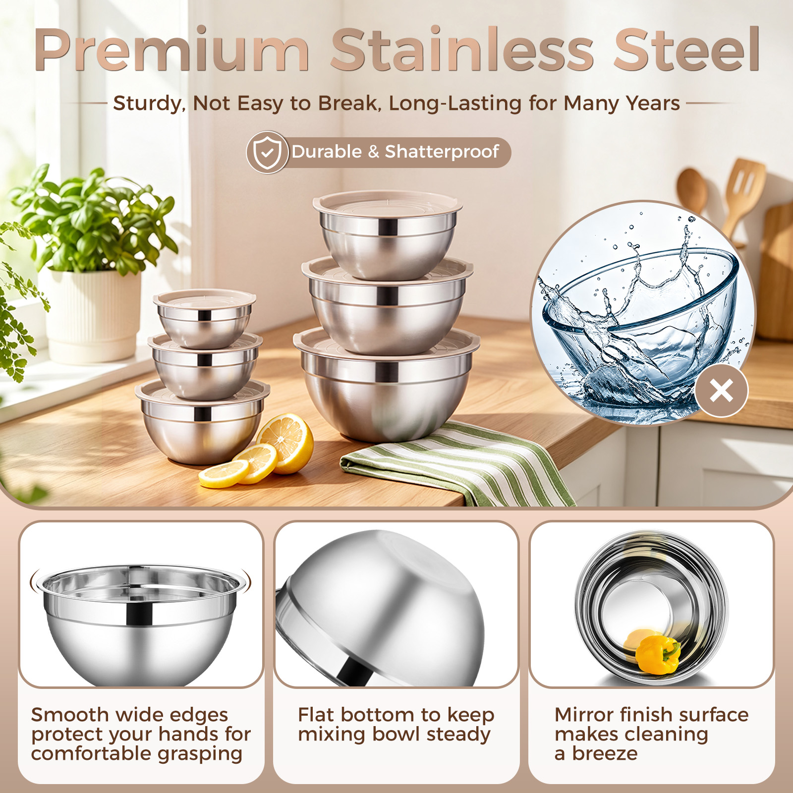 Walchoice 6-Piece Stainless Steel Mixing Bowl Set with Lids photo 3