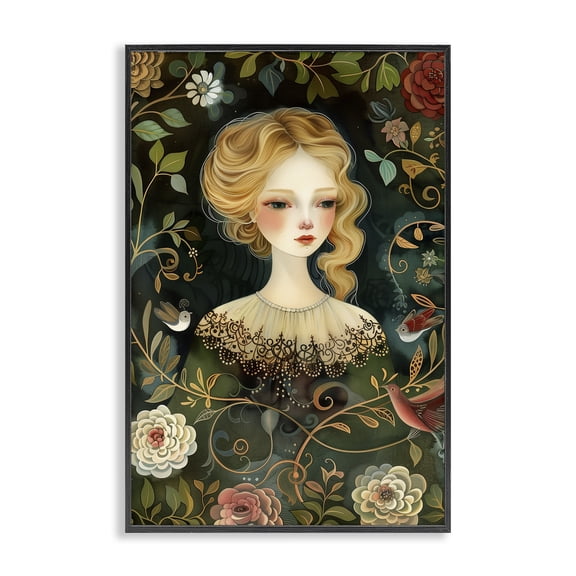 Stupell Industries Victorina Woman with Florals Portrait Painting Black Framed Art Print Wall Art, 12 x 18