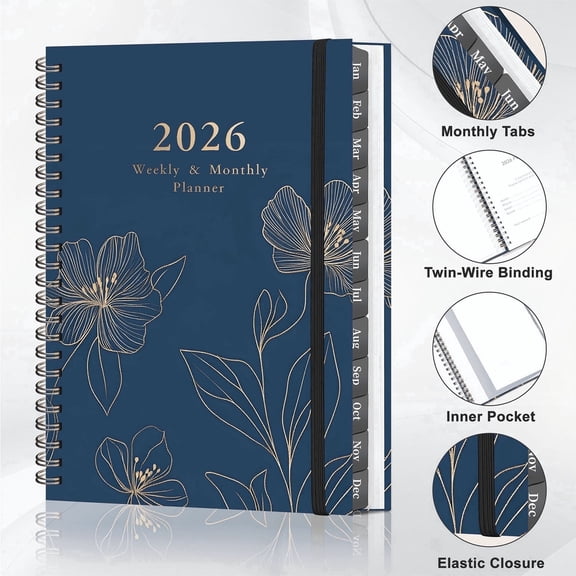 2026 Planner with Weekly & Monthly Layouts Jan 2026 - Dec 2026 6" x 8" Large Academic Planner with Tabs, Spiral Bound Hardcover Calendar Agenda Notebook for College & Office, Blue