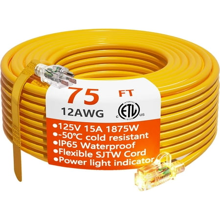 

12/3 Gauge Heavy Duty Outdoor Extension Cord 75 ft Waterproof with Lighted end Flexible Cold-Resistant 3 Prong Electric Cord Outside 15Amp 1875W 12AWG SJTW Yellow ETL BOZO