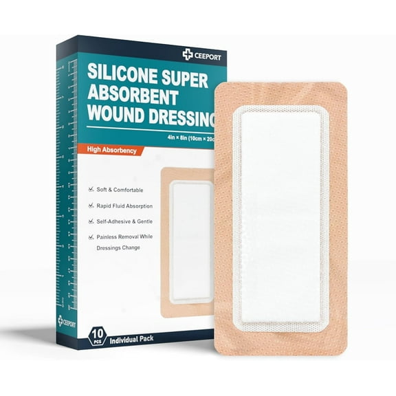 Ceeport 10 Pack Super Absorbent Wound Dressing with Border, 4" x 8" Gentle Self Adhesive Bandages for Heavy Exudate, Soft Highly Absorbent Wound Pads