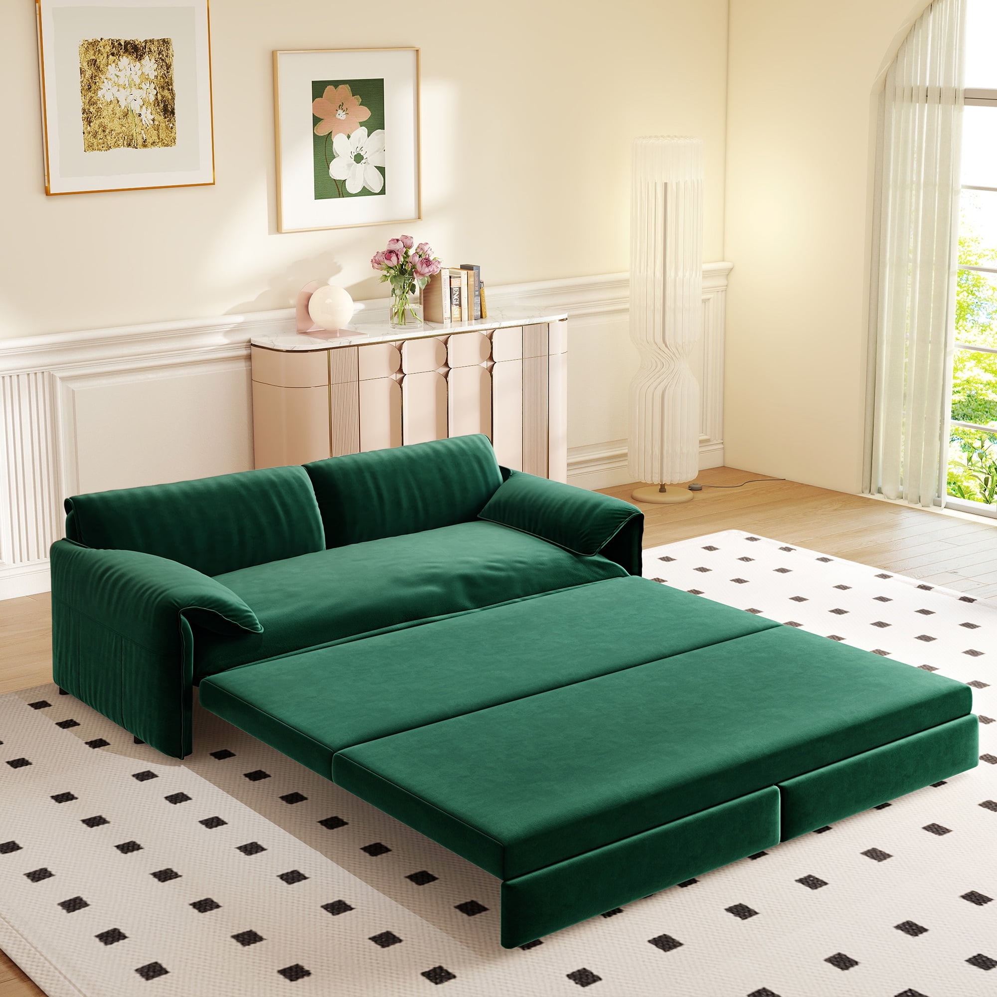 Timbernest 66" Futon Sofa Bed, 3 in 1 Convertible Sleeper Sofa Queen Size with Side Storage, Velvet Pull Out Sofa Bed, Green