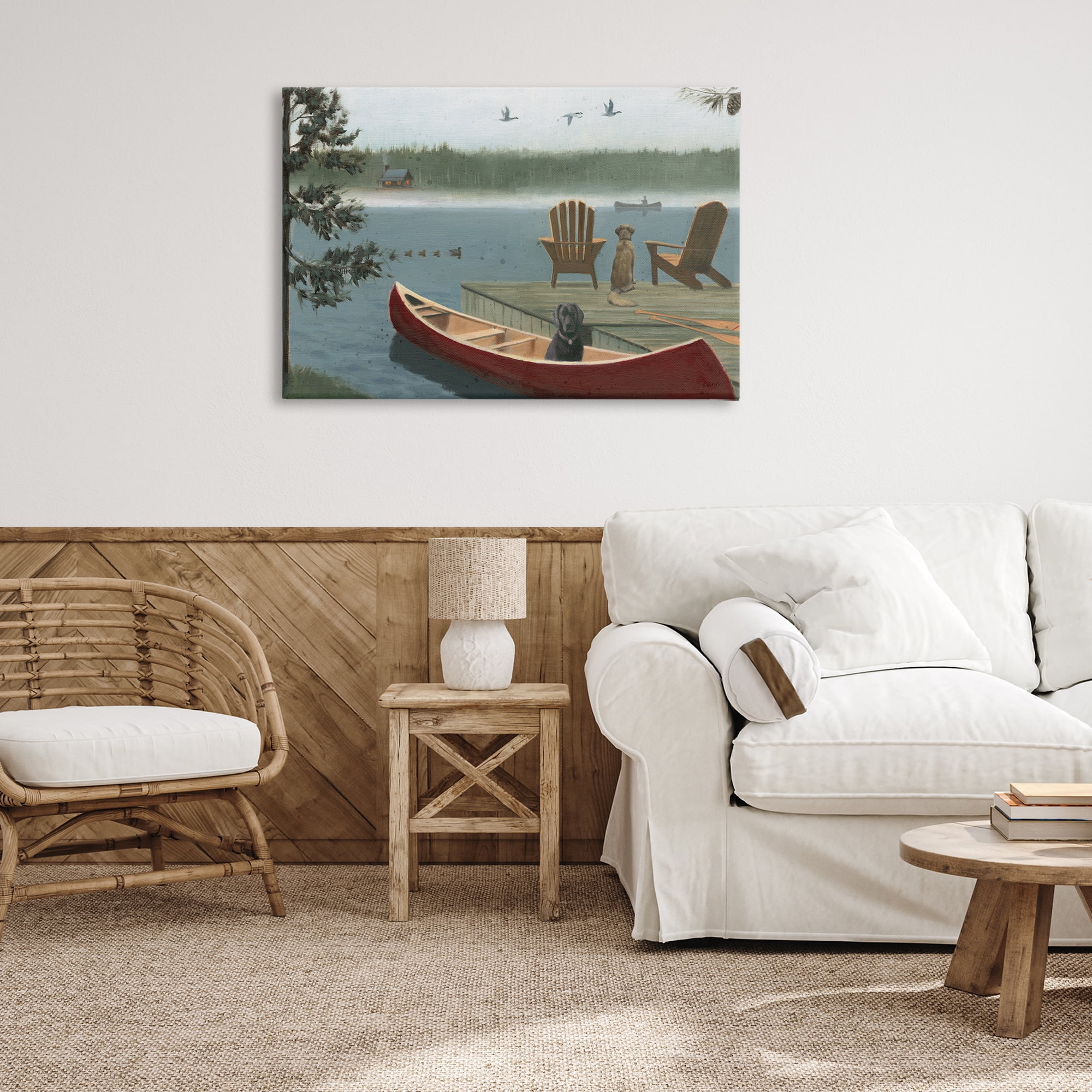 Stupell Industries Dogs on Lake Dock Landscape & Nature Painting Wrapped Canvas Art Print Wall Art, 36 x 24