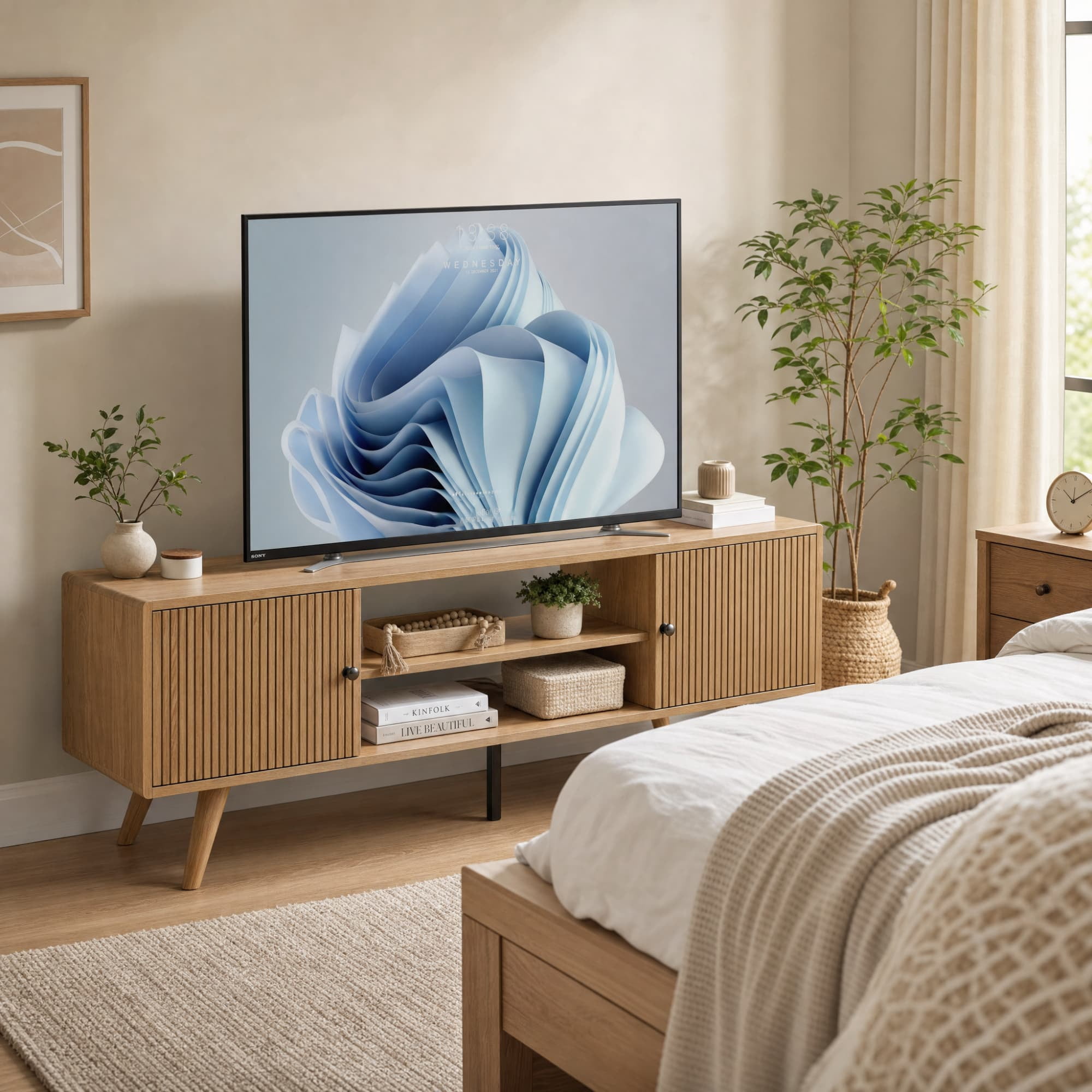 Manxile Mid Century Modern TV Console for Living Room Bedroom, Wood Entertainment Center with Storage and Shelves, Natural