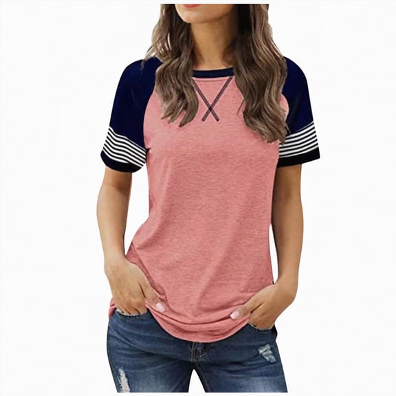 Kaprioy Womens Summer Tops Summer Short Sleeve Tops for Woman Color Block Casual Striped Crew Neck Tunic Tops