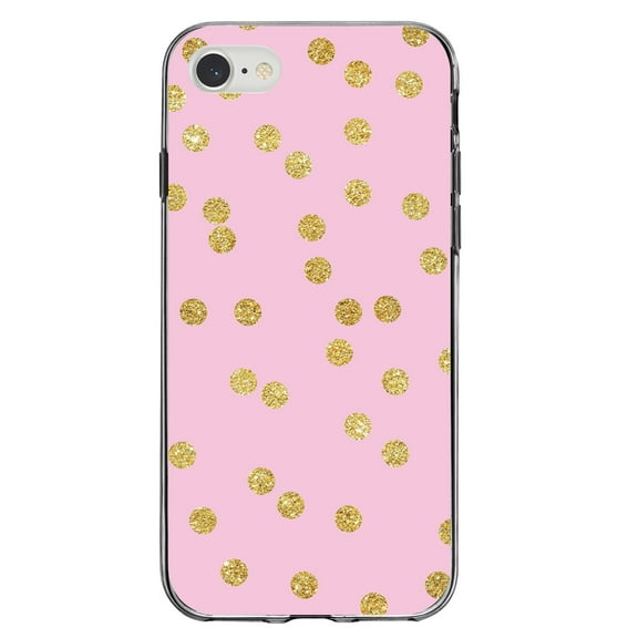 DistinctInk Clear Shockproof Hybrid Case for iPhone 7 8 SE (2020 Model) 4.7" Screen TPU Bumper Acrylic Back Tempered Glass Screen Protector - Pink & Gold Print - Polka Dots Pattern