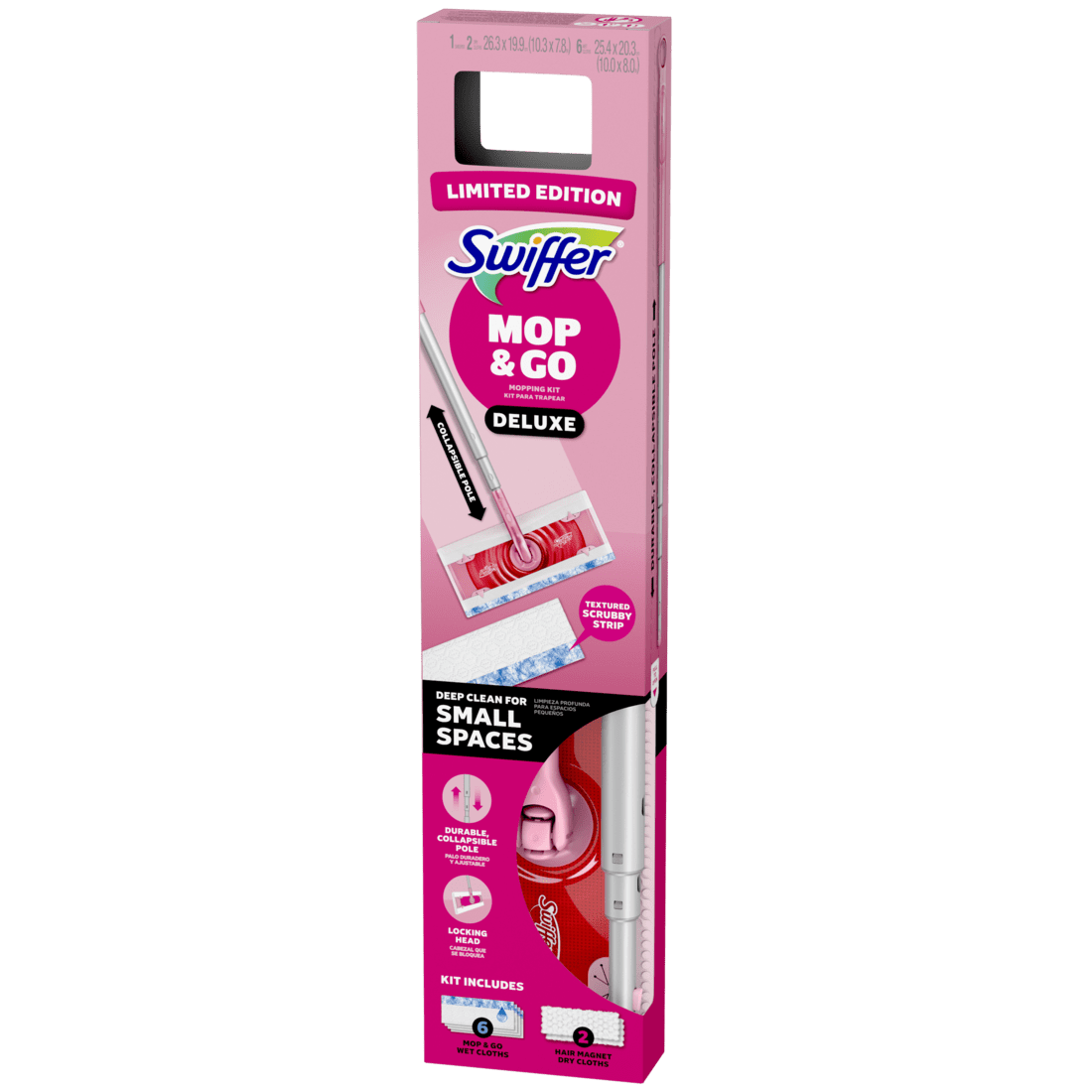 (6 pack) Swiffer Pink Limited Edition Mop & Go Deluxe, 2-in-1 Floor Mopping and Sweeping Kit, 1 Device, 6 Mop Refills, 2 Sweep Refills