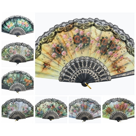 

Wedding Party Flower Print Multi-Pattern Decoration Fabric Folding Lace Silk Trim Hand Fan