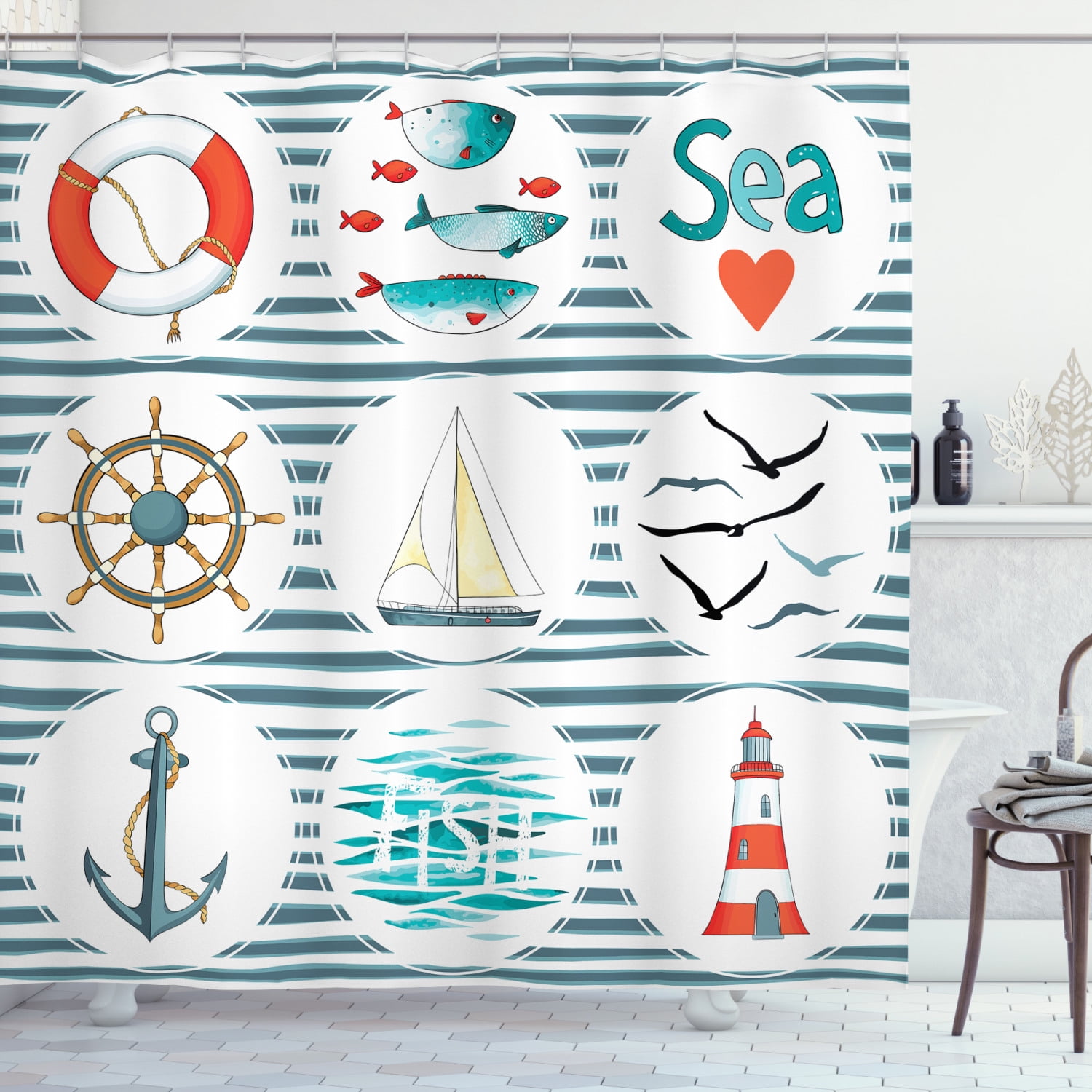 Nautical Shower Curtain, Sea Set with Fishes Lifebuoy Gulls Lighthouse