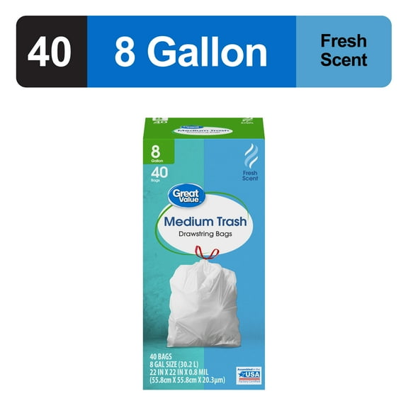 Great Value 8-Gallon Drawstring Medium Trash Bags, Fresh Scent, 40 Bags