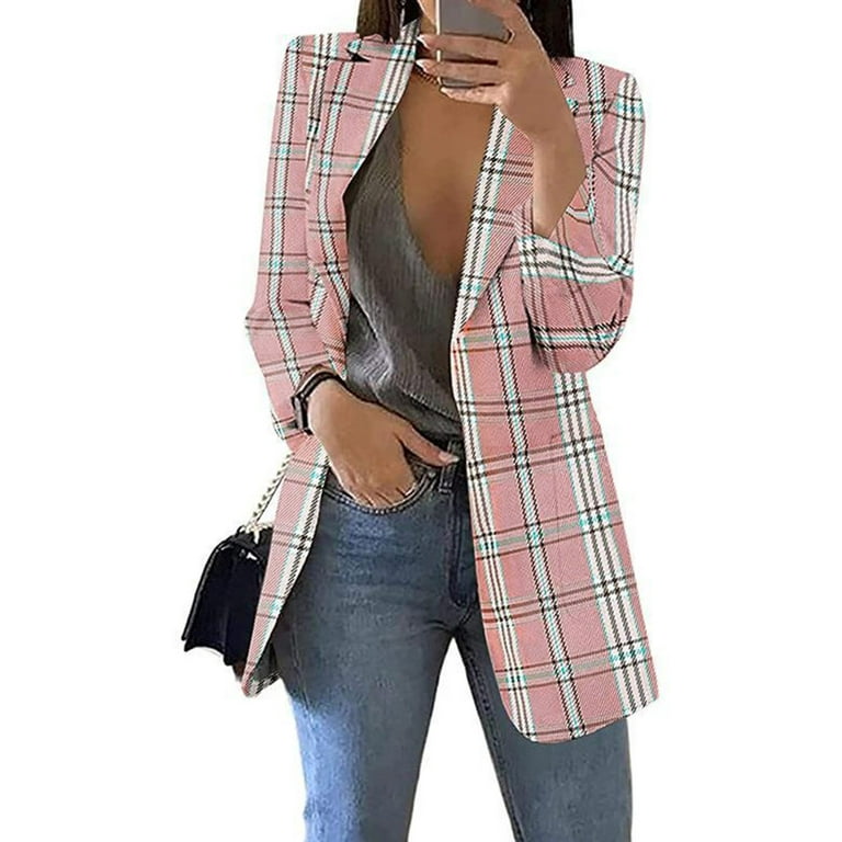 Hfyihgf Plaid Blazer Jackets for Women Open Front Long Sleeve Work