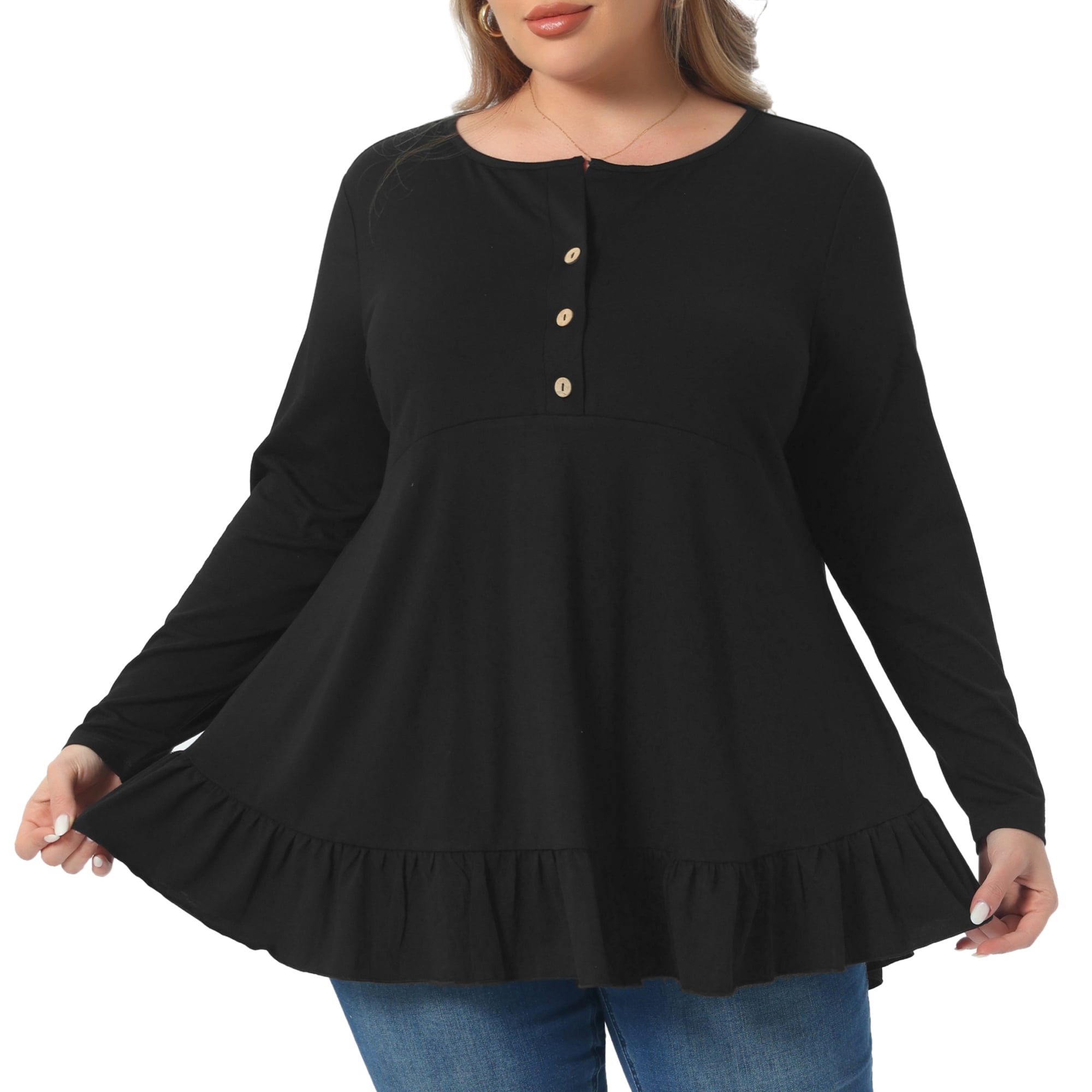 DARING DIVA Women's Plus Size Tunic Button Henley Blouses 4X Black