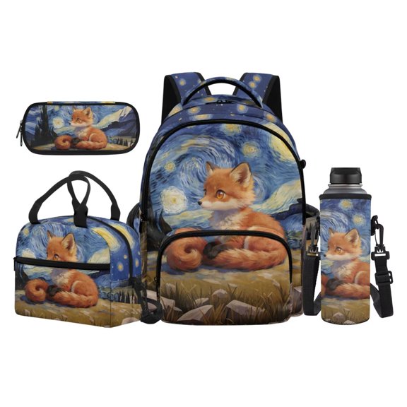 Bulopur Starry Night Fox Print Kids Backpack Set 4 Pcs Waterproof Kids School Bag with Lunch Box, Pencil Case and Water Bottle Cover for Art Theme Kids