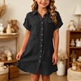 thumbnail image 3 of Y-Sunset Girls Button Down Shirt Dress, Short Sleeve Casual Linen Tunic Dress, Kids Collared Summer Dress with Pocket, Loose Fit Beach Cover Up for Girls(Black/12-13Years), 3 of 5