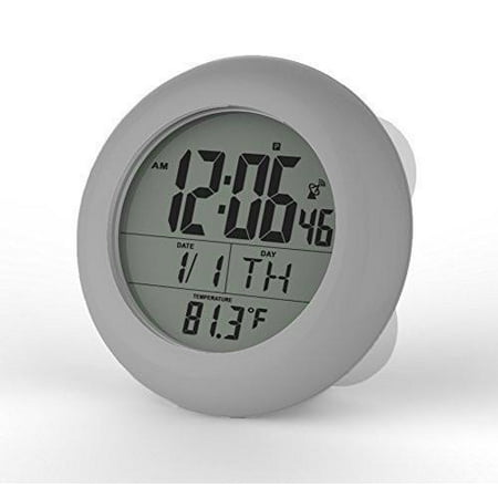 - Atomic LCD Bathroom Shower Clock Displays Time, Date, Week and Temperature with 4 Suction Cups, Hanging Hole and Table Stand (Silver Color)