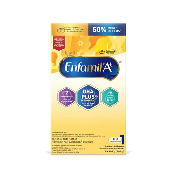 Enfamil A+, Baby Formula, Infant Formula, Powder Refill, DHA (a type of Omega-3 fat) to help support brain development, Age 0-12 months, 992g