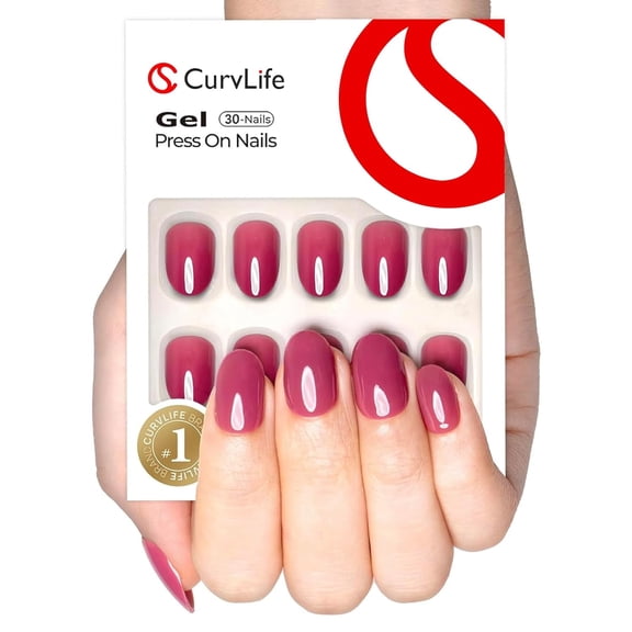 CurvLife Plum Shine Gel Press-On Nails - 30PCS Oval, Mirror Finish Solid Color, Non-Toxic & Reusable