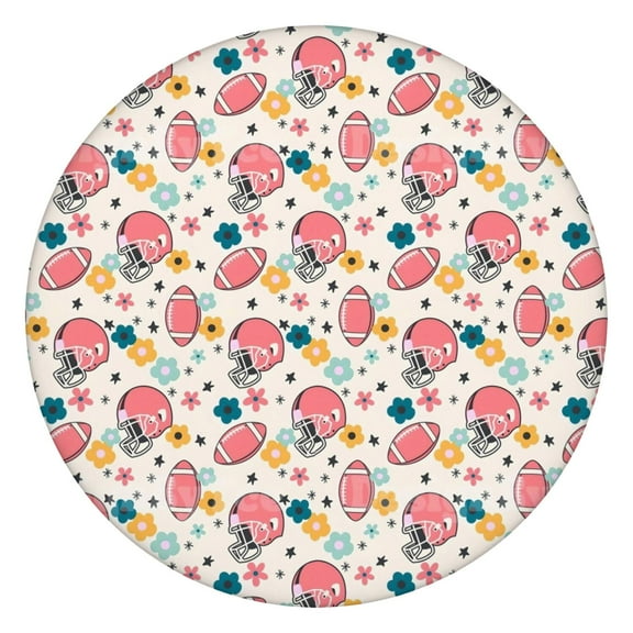 Colorful Football Helmets and Flowers Pattern Round Fitted Tablecloth with Elastic Edge,Dining Table Cover Waterproof,Outdoor Round Tablecloth for Camping,Dining,Indoor and Outdoor