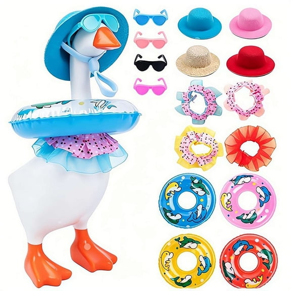 4 Sets Hawaii 7 Inch Mini Tabletop Decor Kit (Geese Figurines Not Included), Summer Porch Goose Outfit Accessories with Hat Sunglasses Tutu Skirt Swim Ri-ng