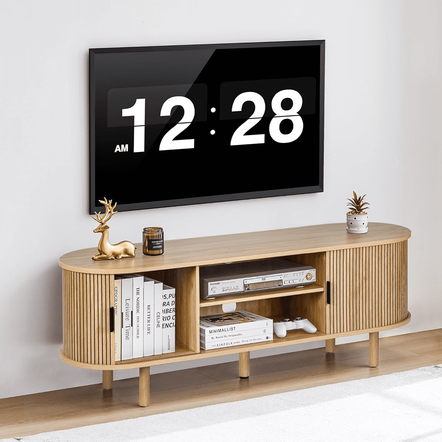 LEFHDA Tambour Door TV Stand, Mid Century Modern TV Cabinet and Entertainment Center, Modern TV Console Table for 65“ TV, Curved Edge Storage Cabinet (54" Oak)