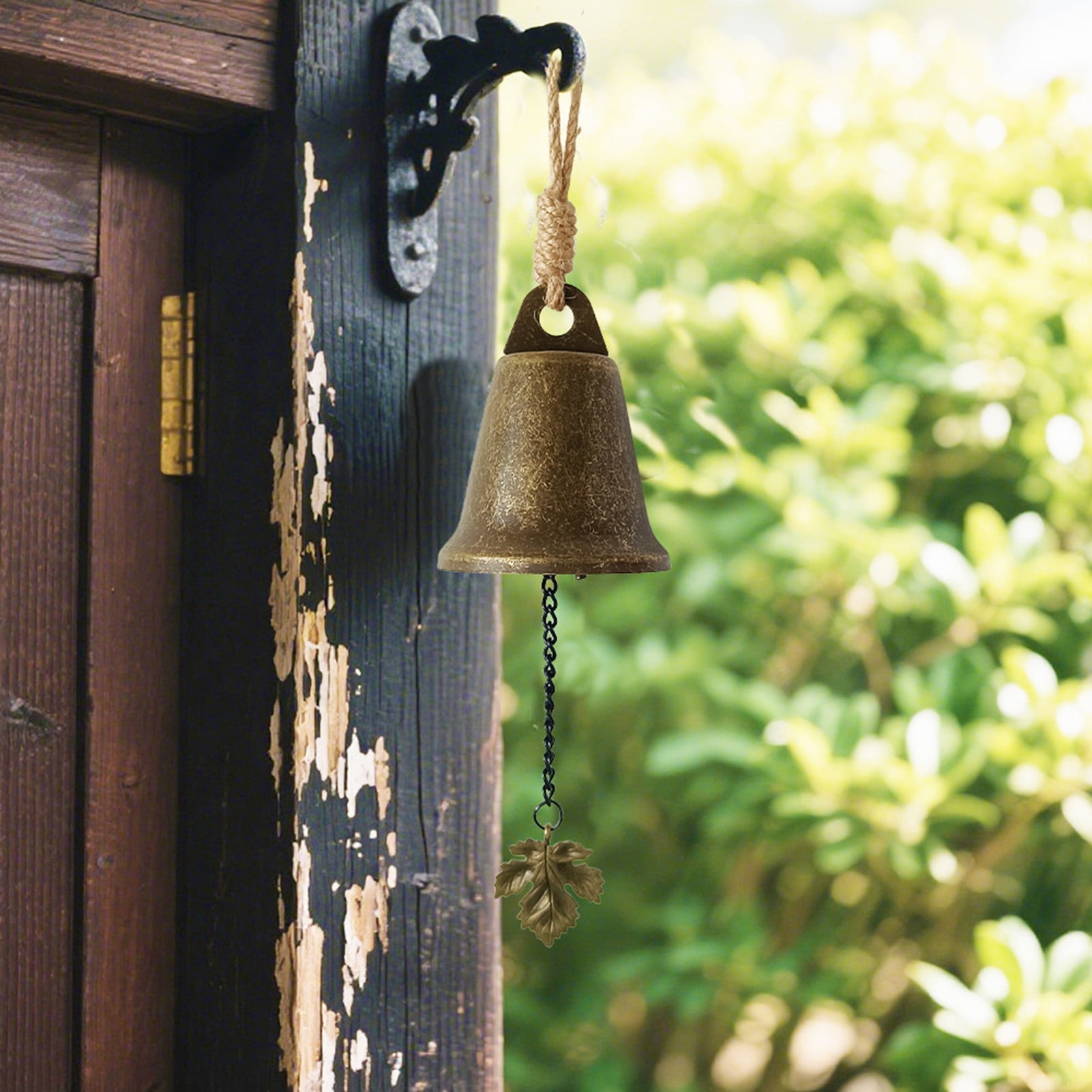 OIUR Vintage Hanging Bell Rustic Metal Wind Chime Retro Hanging Wind Bell with Owl or Leaf Pendant for Home Entrance Farmhouse Garden Decoration
