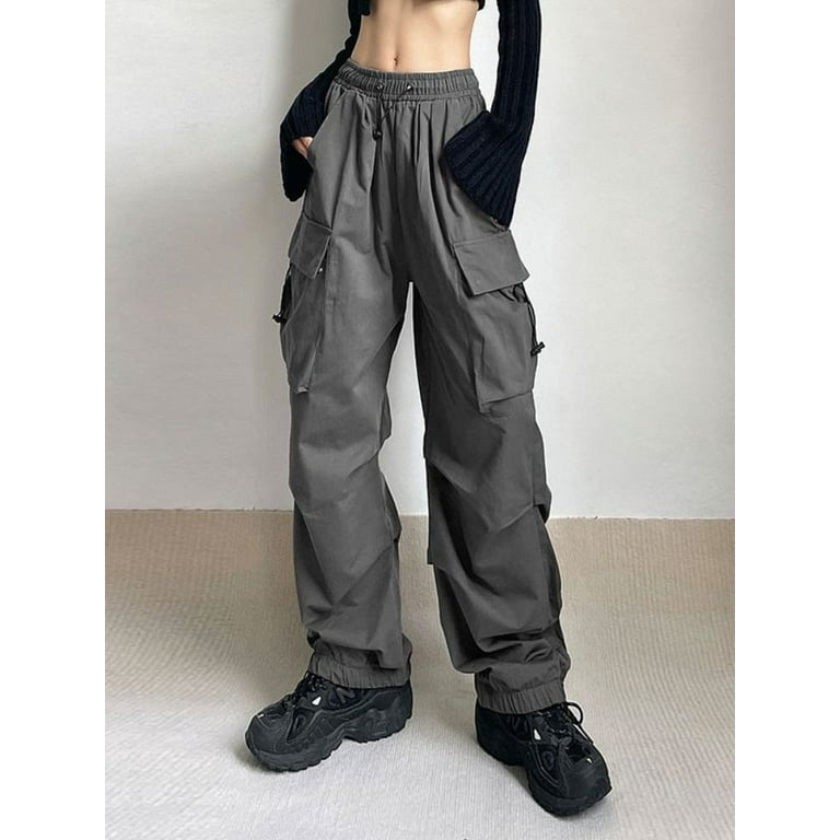 Parachute Pants Women Streetwear Vintage Wide Leg Joggers Baggy Sweatpants  -Gray-XL