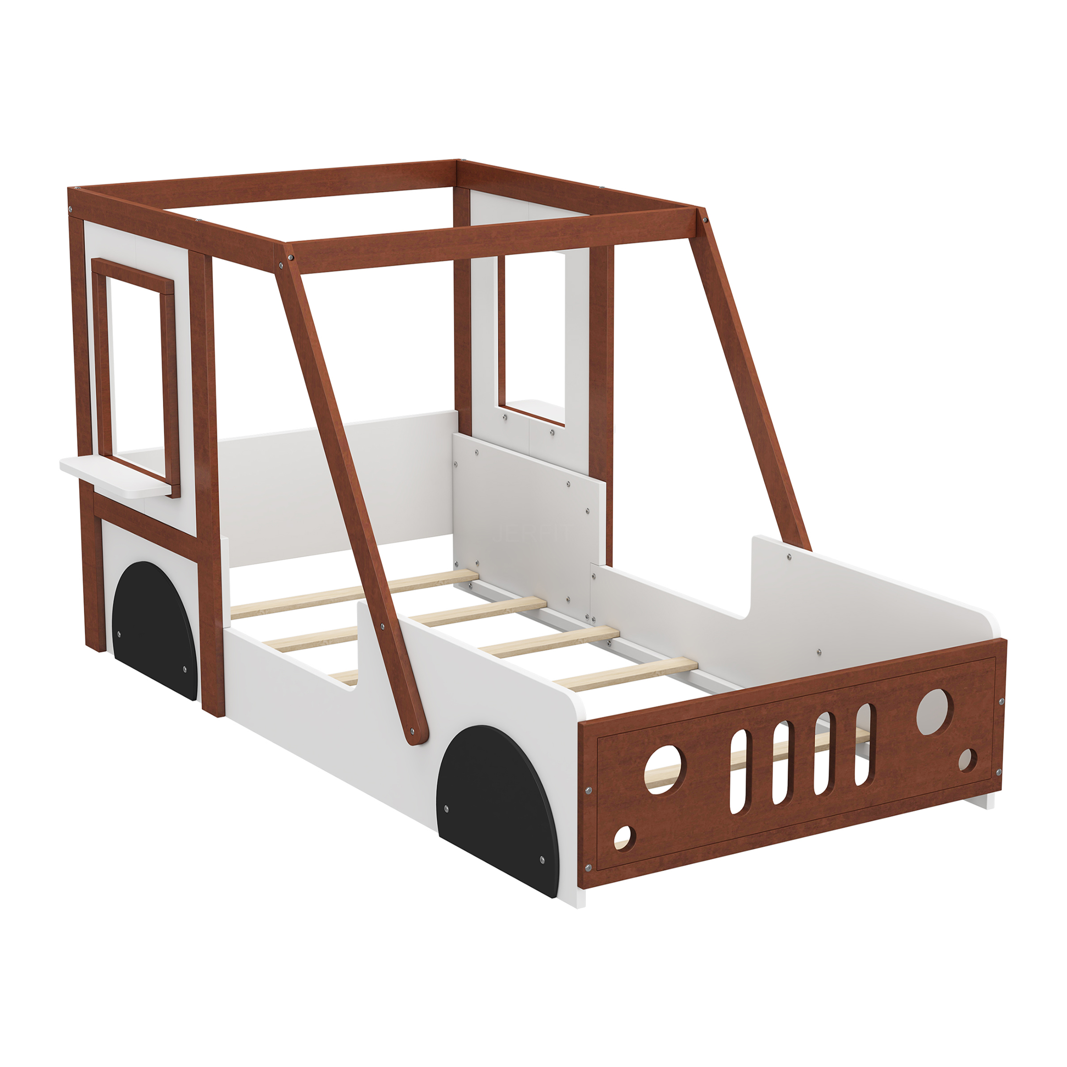 JERFIT Race Car Twin Bed with Storage, Orange White Wood Platform Bed Frame for Boys Girls Teens