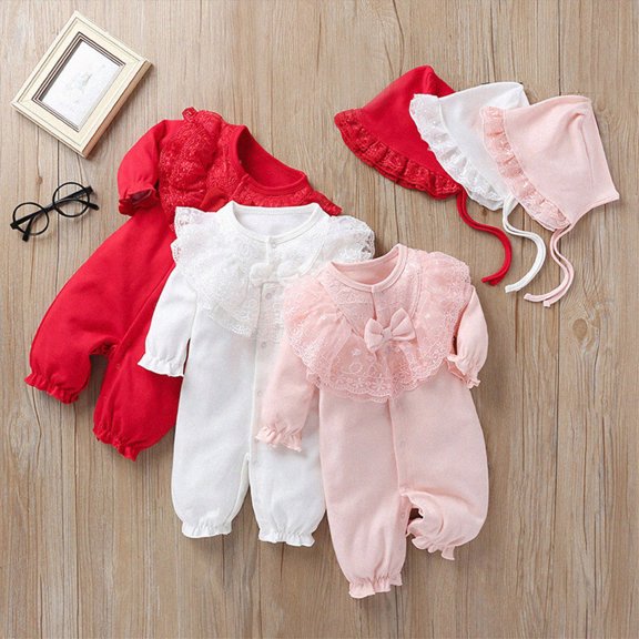 WUANDIXFA Infant Newborn Baby Girl Long Sleeve Romper Clothes Outfit with Cute Hat Jumpsuit 3 6 9 12 Months,Red,0-3 Months