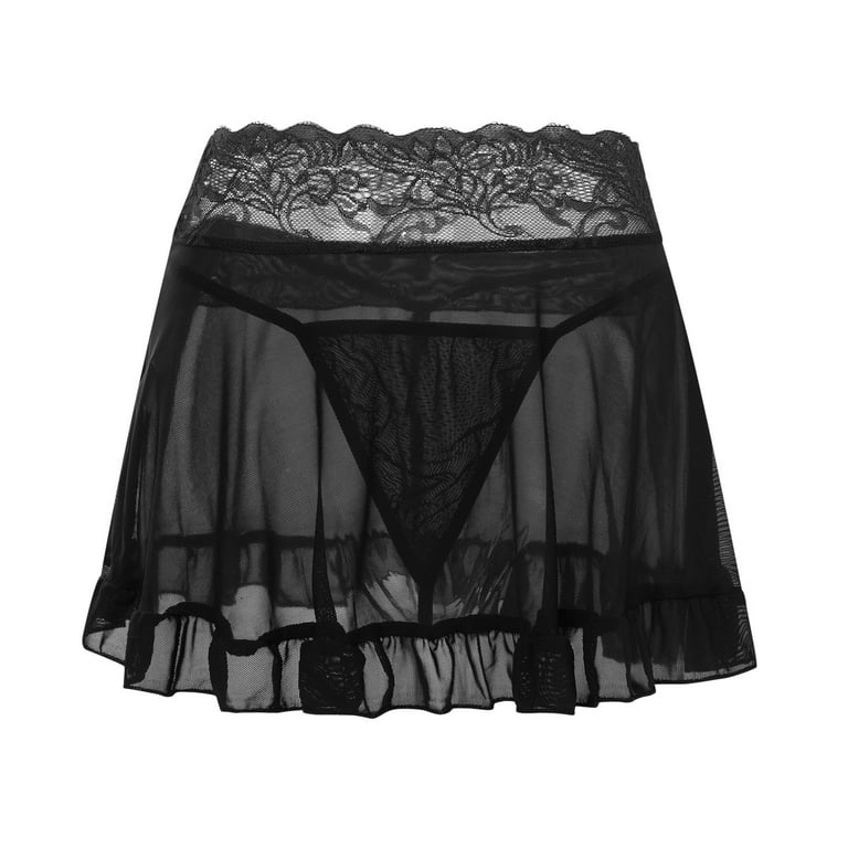 Women's High Waist Sexy Skirt Mesh Mini Skirt Lingerie Panties Solid Color  Pajama Skirt
