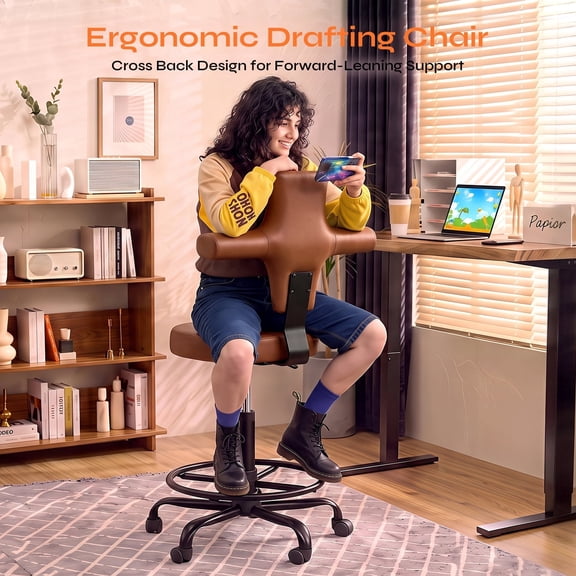 Pinmoco Drafting Chair with Backrest, Tall Office Chair with Footrest Ring for Standing Desk, PU Leather Executive Chair with Adjustable Height for Home, Salon, Brown