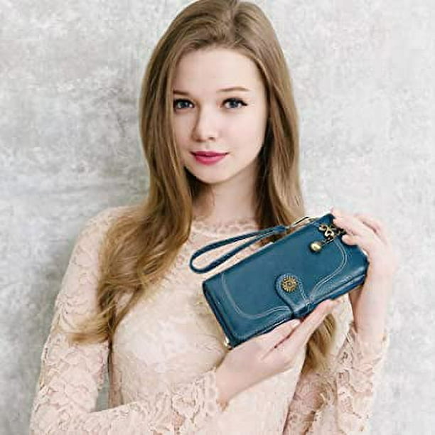 Azul cartera para mujer cartera de piel de gran capacidad para mujer monedero elegante con 12 tarjeteros incluida 1 ventana para identificacion