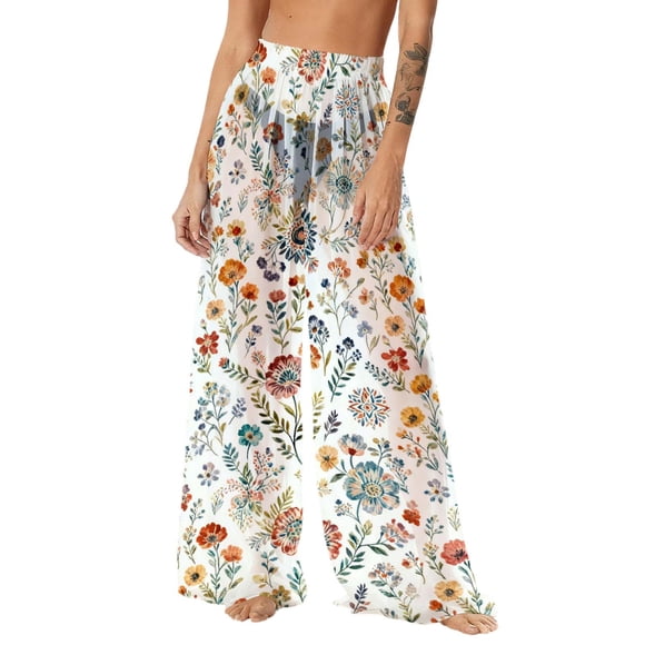 Women's Chiffon Beach Pants, Bohemian Cover Ups with Print, Wide Leg Lightweight Pants for Sun Protection, Beach Vacation Daily Wear