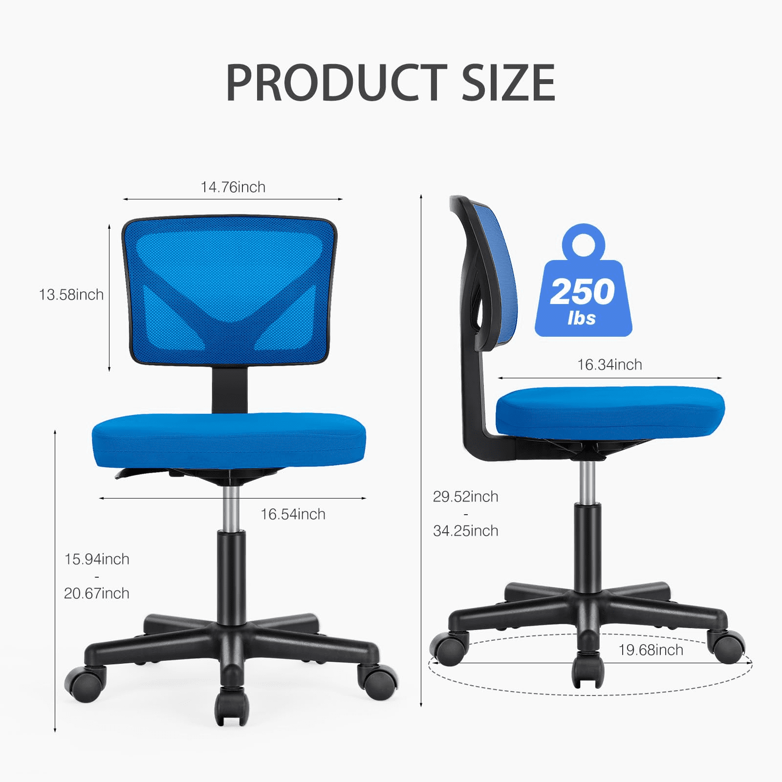Kelno Small Desk Chair with Wheels Armless Low-Back Office Chair Ergonomic Adjustable Computer Desk Chair with Lumbar Support,Blue