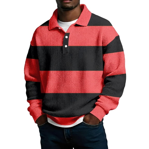 Kvture Men's Casual Striped Shirts Long Sleeve Business Casual Athletic Golf Button Collar Shirt Watermelon Red Pullover L