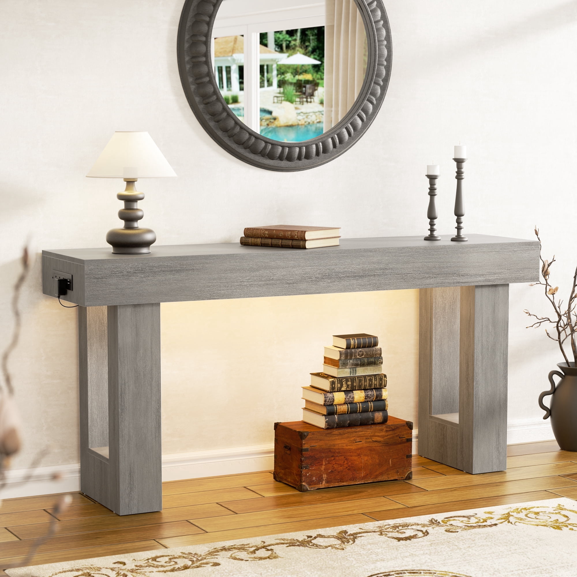 Homieasy 63'' Farmhouse Console Table with Power Outlets and Sensor Light, Wooden Entryway Table Narrow End Table with Storage for Entrance, Hallway, Living Room, Bedroom, Light Oak