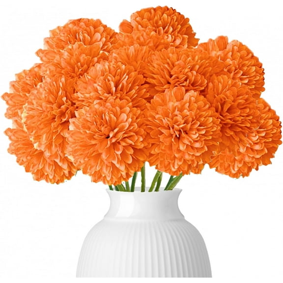 15 Pcs Artificial Chrysanthemums Flowers Ball Marigold Flower, Orange Fake Mums Fall Flowers for Home Office Coffee House Deco Parties and Wedding