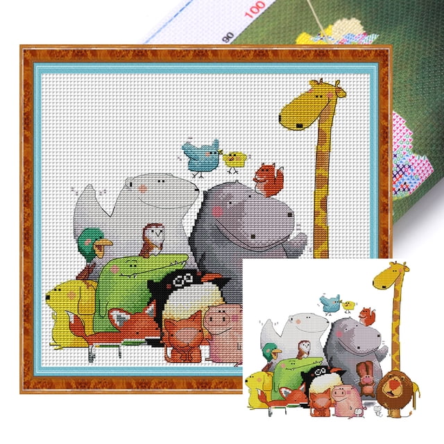 Kit Punto Cruz Con Mundo Animal Hilo Algodón Ecológico Bordado 14CT 36x22cm
