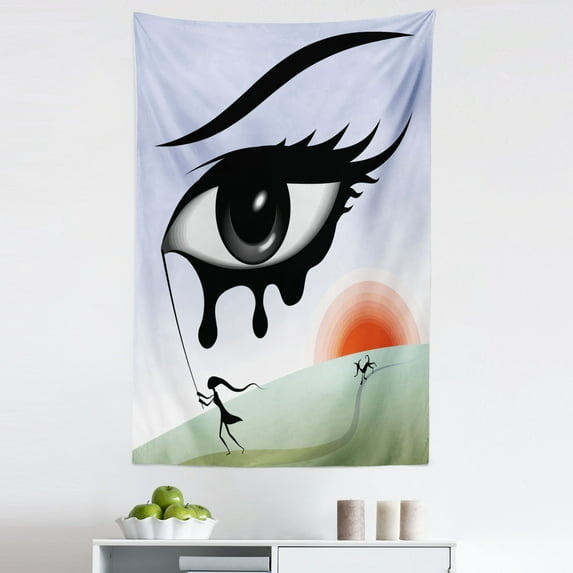 Eye Tapestry, Surreal Avant Garde Art Composition Girl Runs with Eye Stick Tears Sunset Dog Image, Fabric Wall Hanging Decor for Bedroom Living Room Dorm, 5 Sizes, Multicolor, by Ambesonne