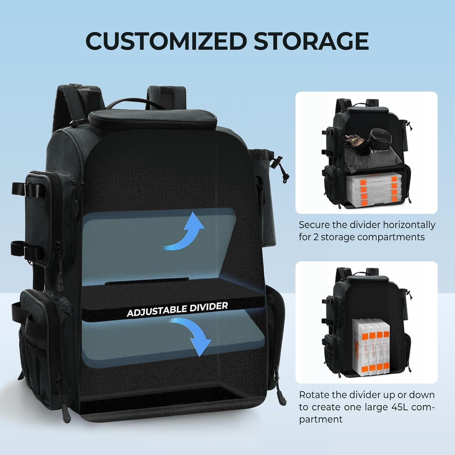 KastKing Fishing Tackle Backpack with Rod Holders-4 Tackle Boxes-Rain Cover,45L Large Storage for Fishing Gear-Bait Boss