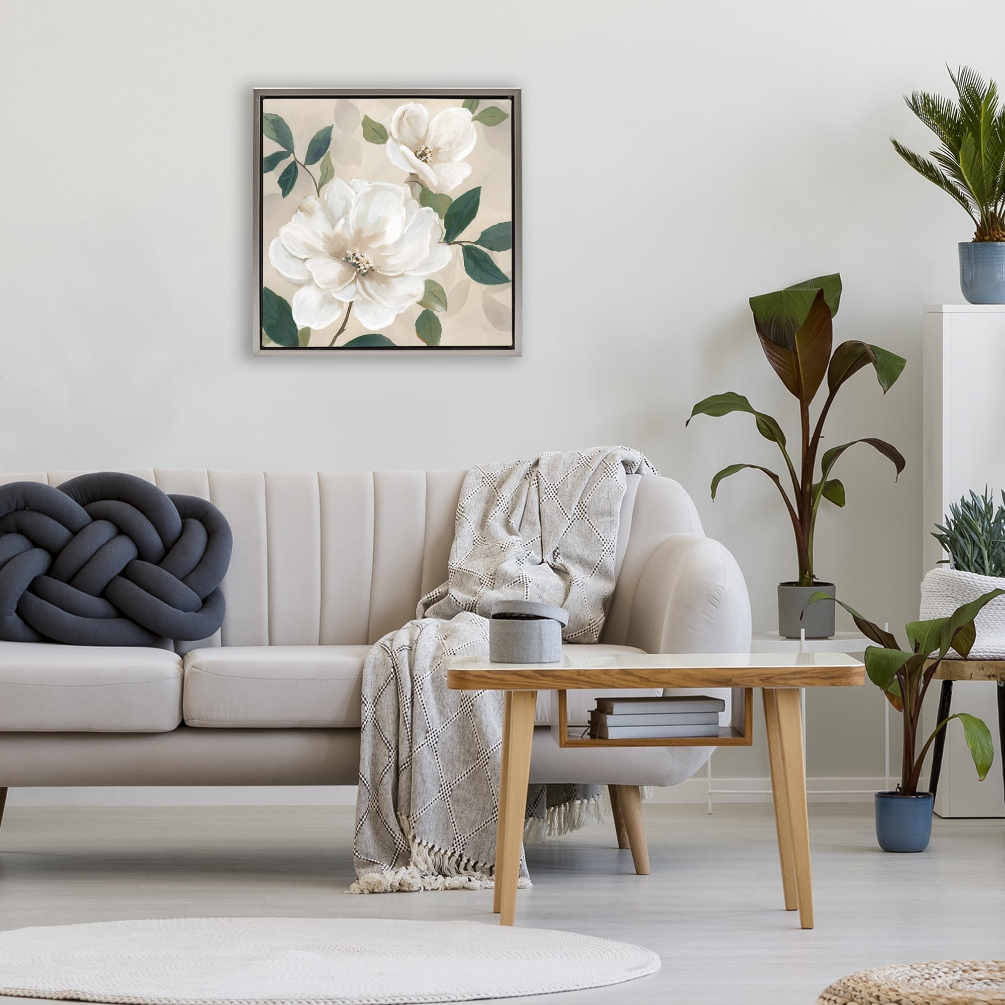Stupell Industries Serene White Magnolia Study Gray Framed Floater Canvas Wall Art, design by Nan