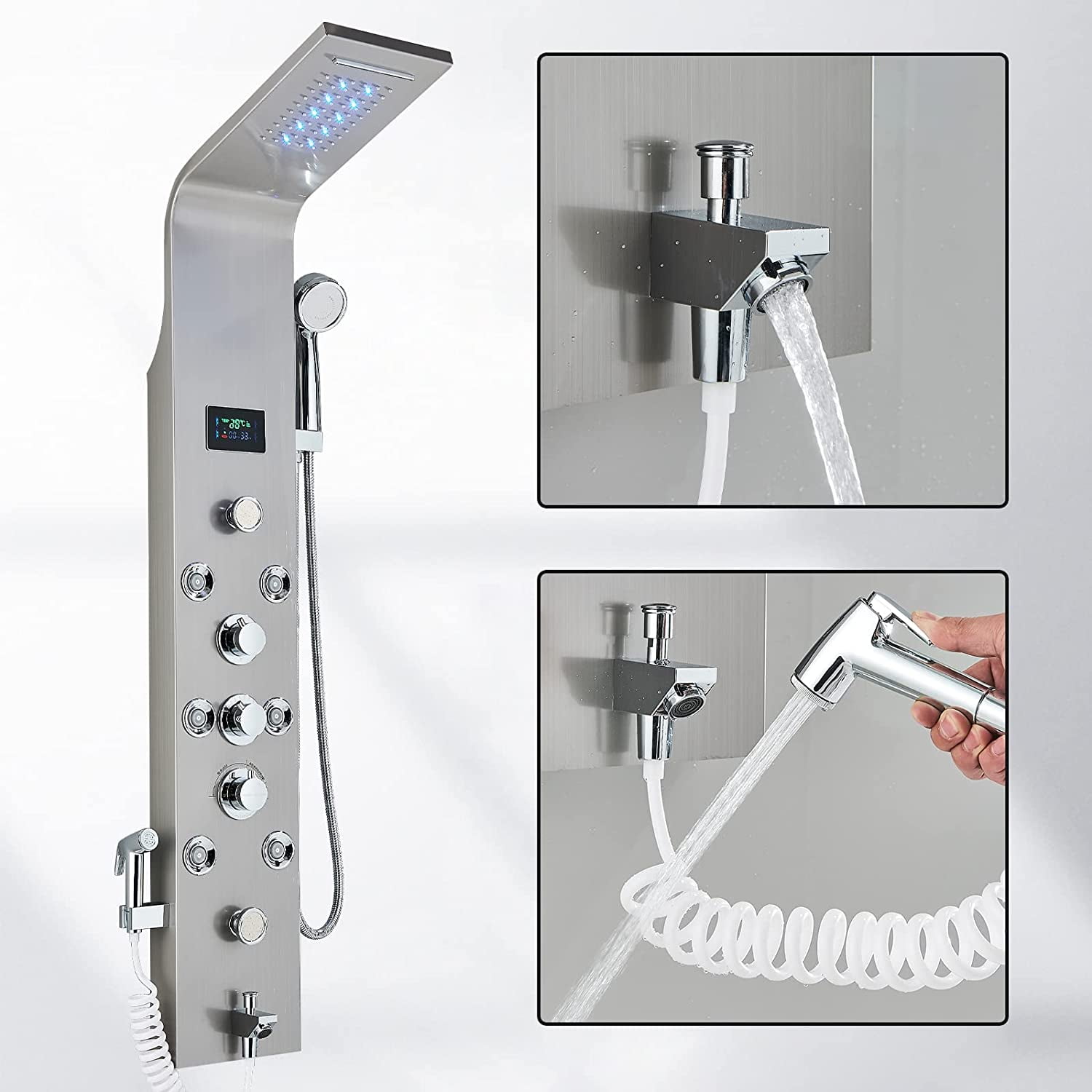 LED Shower Panel Tower System Multifunctional Shower Heads with Rain Massage Full Body Shower Jets Tub Spout Handheld Shower Wall Mounted Shower Panel Brushed Nickel