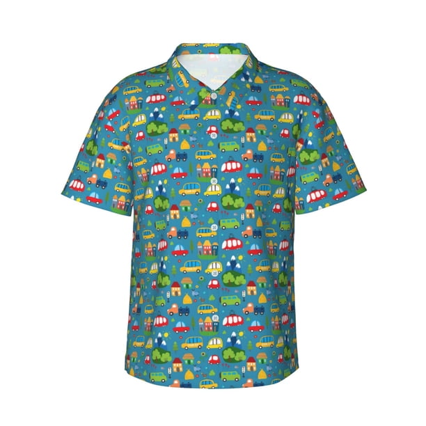 Balery Cars Transportation Camisas hawaianas de manga corta para hombre, camisas playeras de corte holgado, camisas de vacaciones con botones,Medium