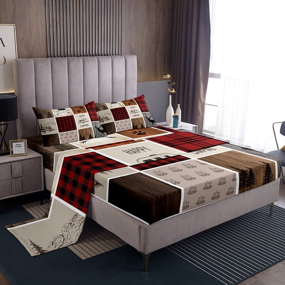 Erosebridal Wildlife Deer Bear Bed Sheets King,Camping Camper Bedding King Size,Geometric Room Decorative,Super Cozy,4pcs