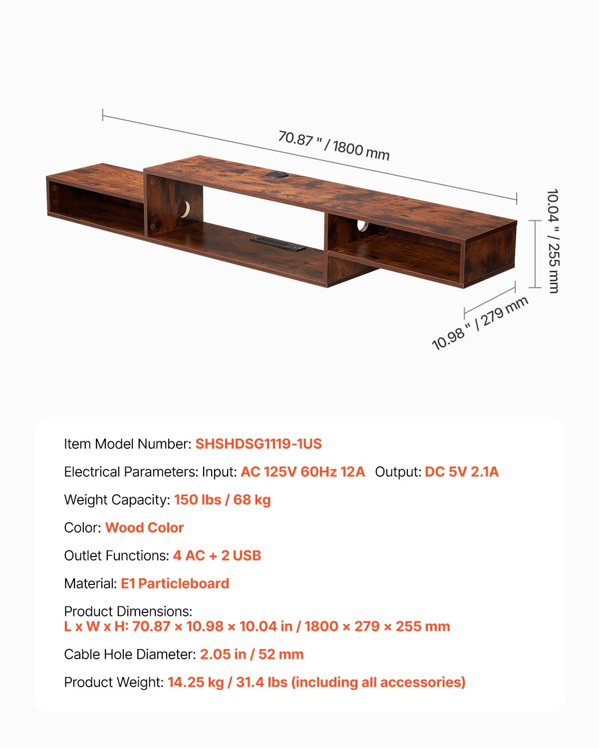 VEVOR Floating TV Stand, 70" Wall Mount Entertainment Center with Power Outlet & Cable Hole, Modern Floating TV Shelf with Storage Cabinet for DVD Player, Cable Box, Game Console,TV Accessory,Wood