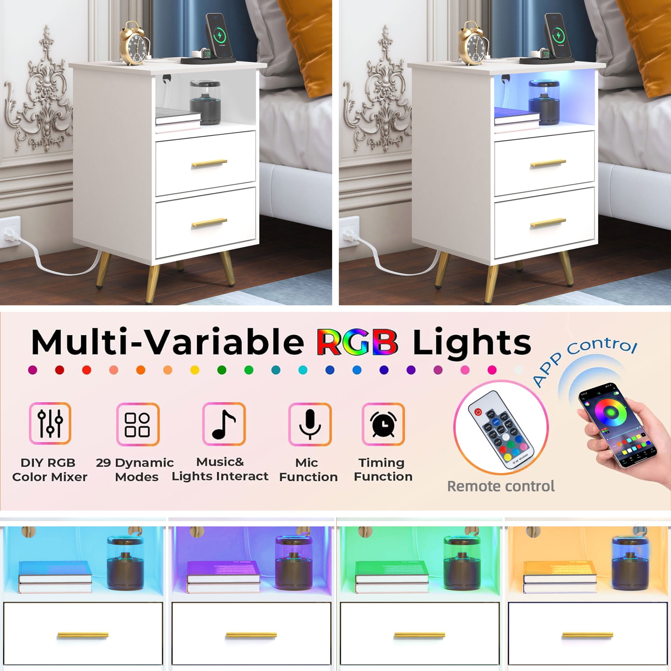 UHOMEPRO White Nightstand with Charging Station, Bedside Table with LED Lights Strips, Modern End Side Table, Versatile Nightstand with Drawers, Side Table for Home and Office