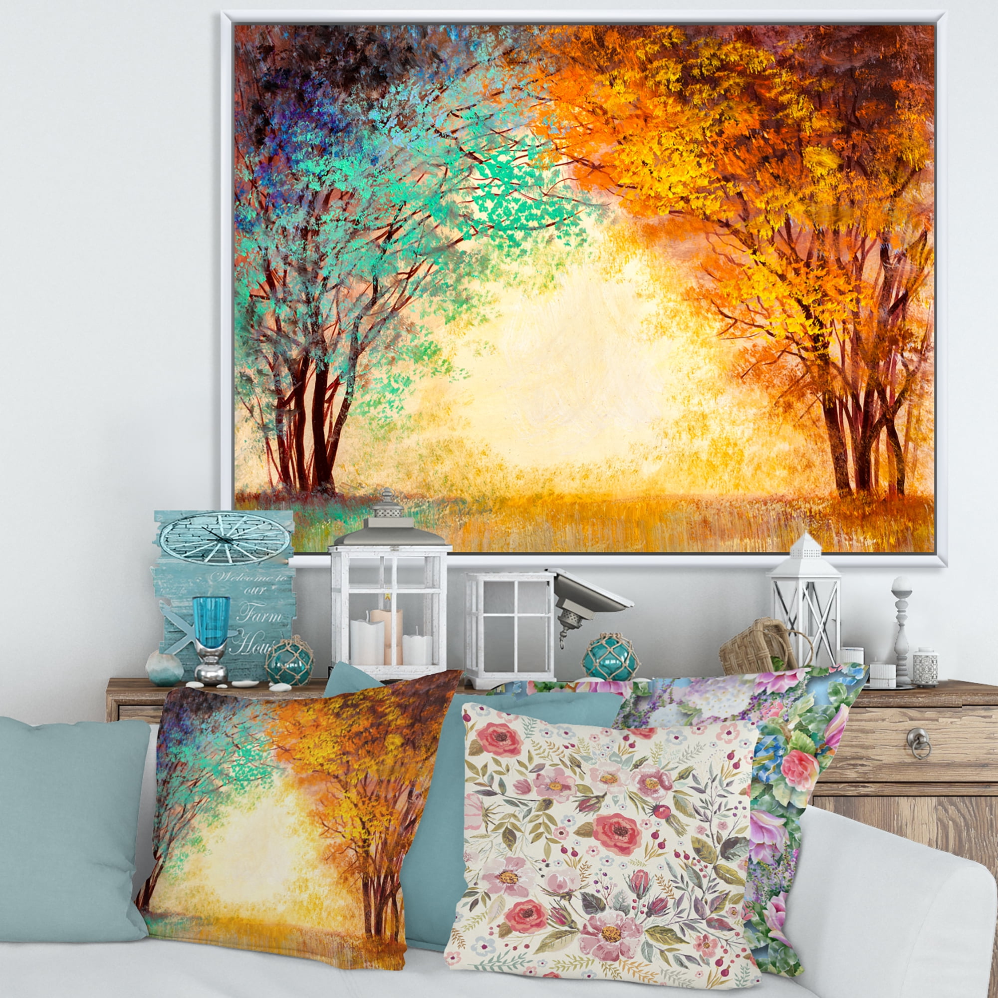 Designart 'Alley Through The Turquise Park In Autumn Sunset ' Traditional Framed Canvas Wall Art Print