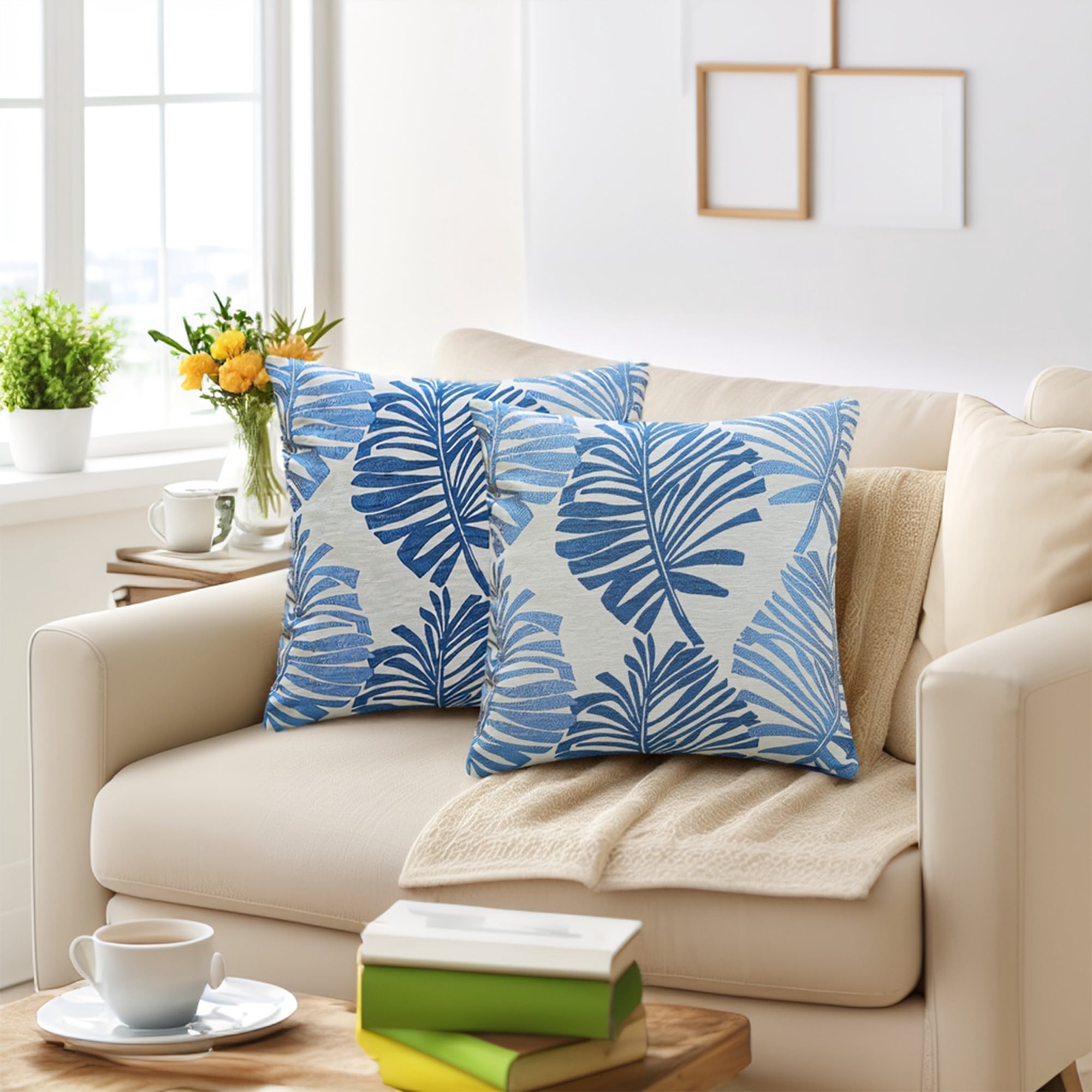 REGALWOVEN Pack of 2 Throw Pillow Covers Decorative Farmhouse Pillow Case Soft Palm Leaf Pattern Cushion Pillowcase for Home Blue 22" x 22"