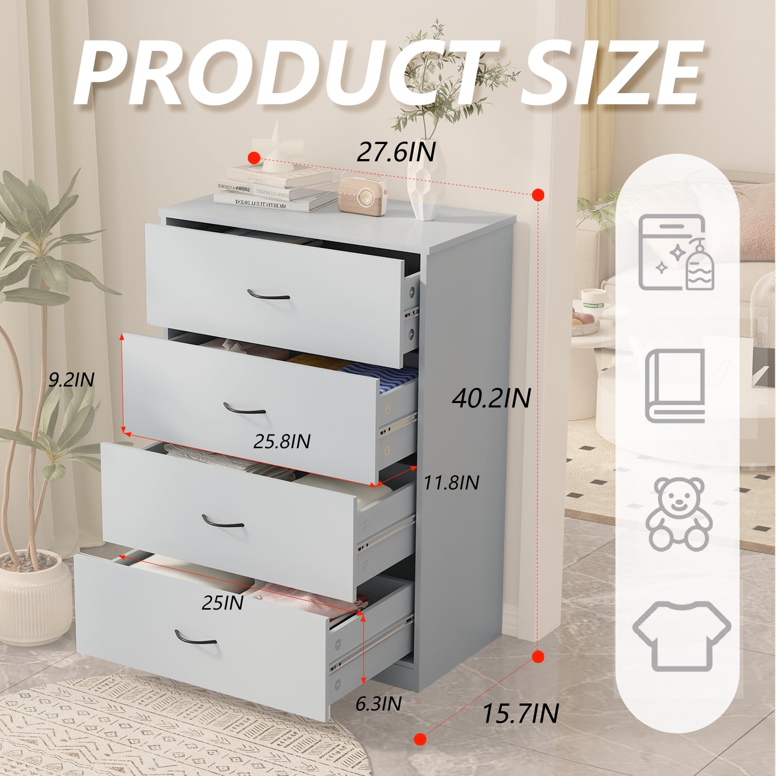 SUGIFT  4 Drawer Dresser, Modern Storage Cabinet for Bedroom, Chest of Drawers Wood Organizer for Living Room, Gray